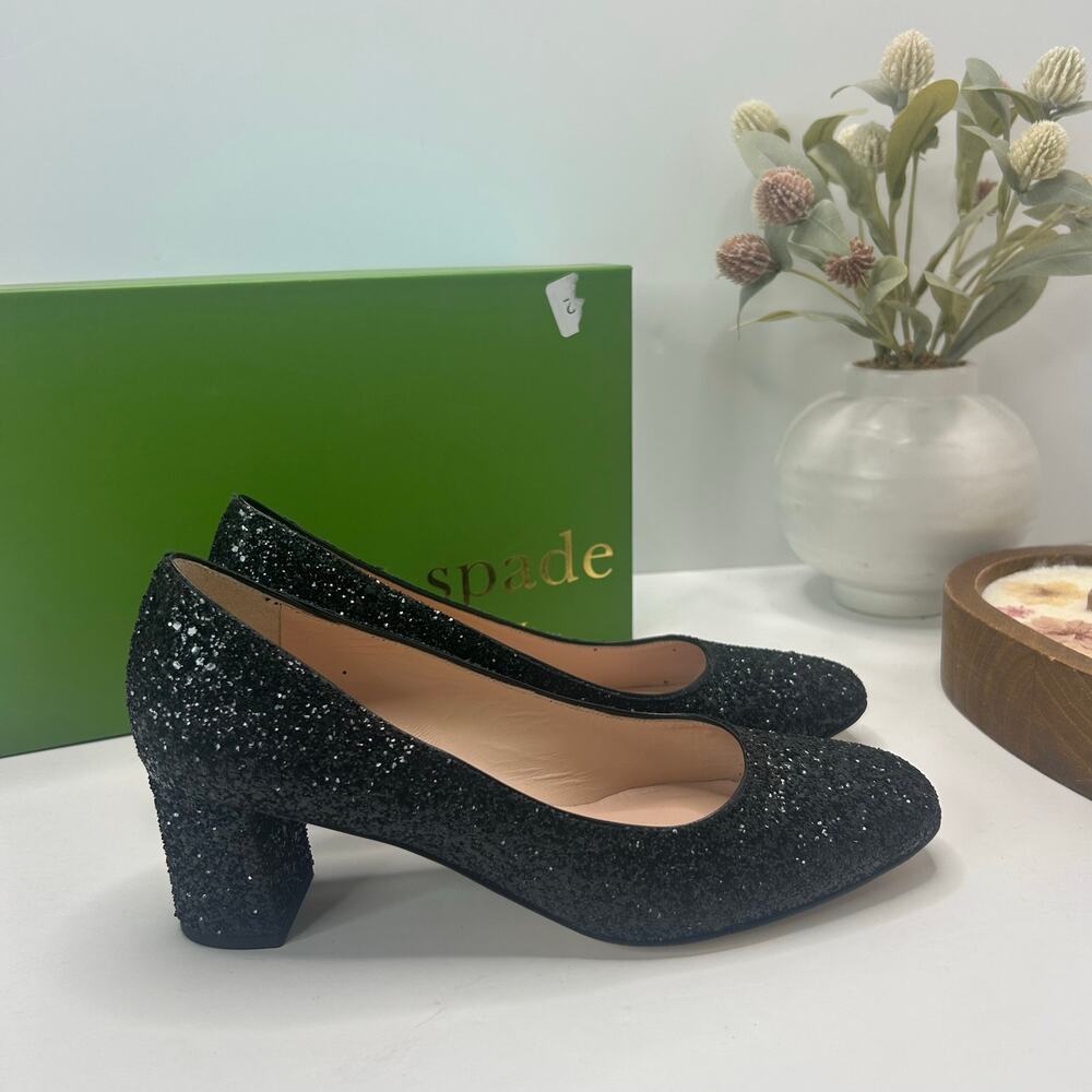 Kate Spade Delores Chunky Heel Sparkle Pump Black S570446 Women 7.5M NWB